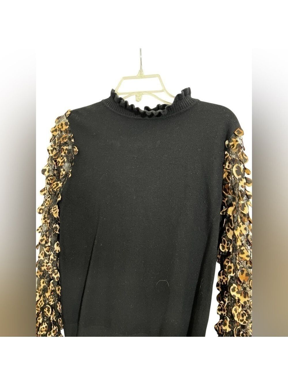 Sioni Leopard Lace Mesh Long Sleeve Ruffle Mock Neck Sweater Top Size Medium - Picture 4 of 8